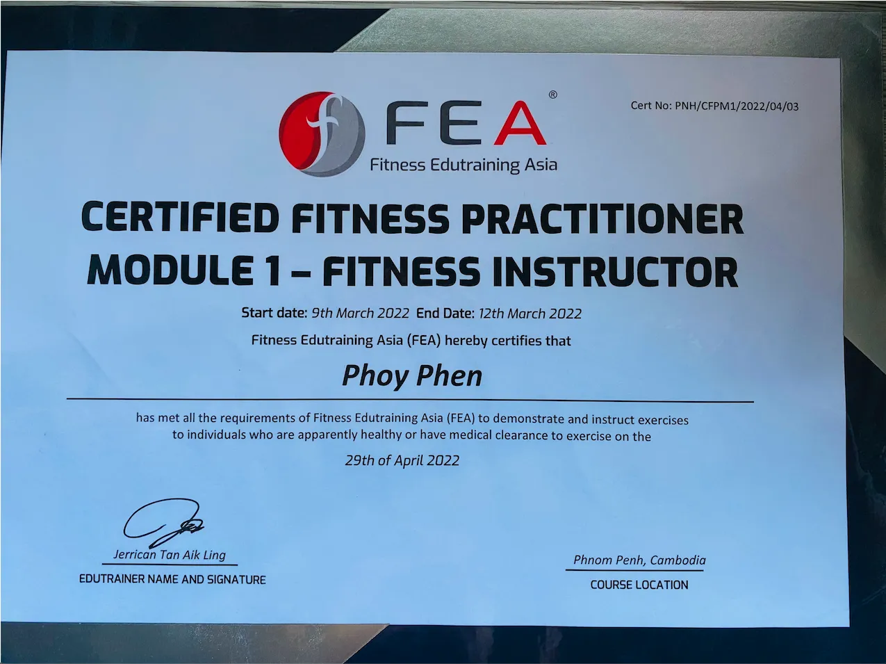 Certified Fitness Instructor certificate