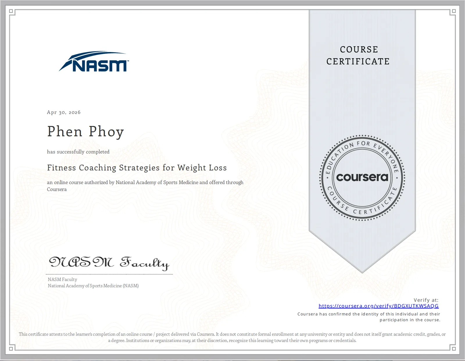 Coaching Strategies for Weight Loss certificate